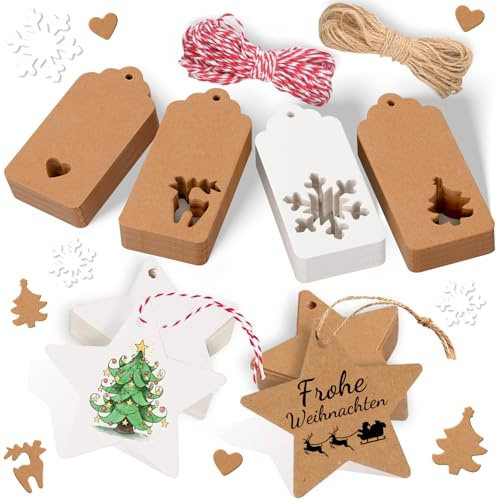 Orifinter Geschenkanhänger Weihnachten, 100 Stück Weihnachtsanhänger, Anhänger Weihnachten in 6 verschiedenen Formen, Perfekt für Geschenkband, Geschenk, Likörflaschen, Stempel, Geschenktüten
