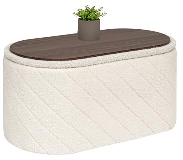 Bonlife Oval Ottoman with Storage Bench, Folding Foot Rest with Lid, Boucle End of Bed Bench,Foostool for Living Room,Bedroom,Entryway,Cream,76x38x38cm