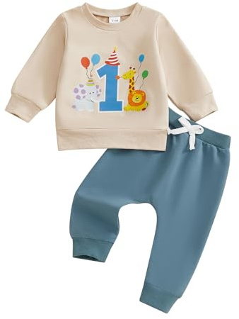 Carolilly Toddler Baby Boys Girls First Birthday Outfits Long Sleeve Sweatshirts Tops Pullover Animal Balloon Print with Elastic Waist Pants Sets Baby Birthday Gift (Blue, 6-12 Months)
