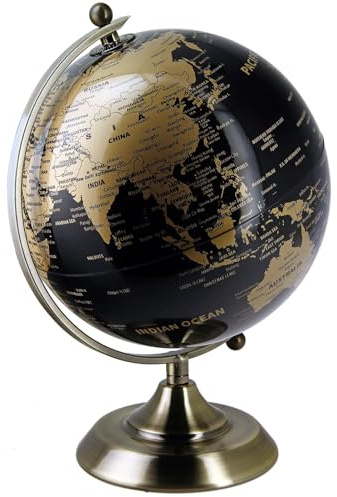 Decorative World Globe with 360° Rotating Stand, Large 20cm, Black and Gold, Metal Base Ideal Home Office Gift Home Ornament