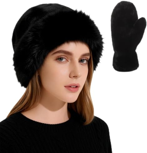 Chapeau d'hiver avec Gants pour Femme, Bob Chaud en Peluche Chaude Chapka en Fourrure Bonnet d'hiver Coupe-Vent Thermique Gants en épais pour Temps Froid Extérieur Ski Cyclisme (Noir 55-60)