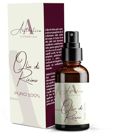 Aesthetica BIO Olio Di Ricino Puro 100Ml Uso Cosmetico, Olio Cuticole Unghie Pressato a Freddo, Olio Di Ricino Per Capelli, Olio Di Ricino Per Ciglia, Barba, Nutre, Idrata e Rinforza - Made In Italy
