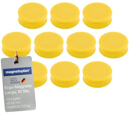 magnetoplan Ergo-Magnete, Large | ØxH 34x12,5mm | 10 Stück, Goldgelb | Hohe Haftkraft von 2,0kg | Für Kühlschrank, Whiteboard, Magnettafel