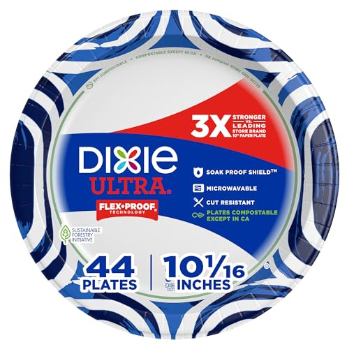 Dixie Ultra, Large Paper Plates, 10 Inch, 44 Count, 3X Stronger*, Heavy Duty, Microwave-Safe, Soak-Proof, Cut Resistant, Disposable Plates For Heavy, Messy Meals