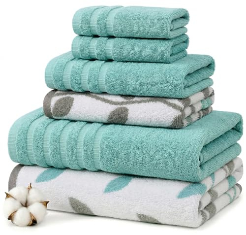Pacific Coast Textiles 6 Pc Yarn Dyed Towel Organic Vines Aqua, 6-Piece