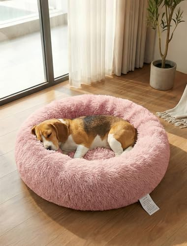 OKPOW Donut Dog Bed,60cm Calming Anti Anxiety Medium Dog Beds,Washable Soft Warm Plush Fleece Fluffy Soothing Cat Pet Cushion,Round Orthopedic Relief Improved Sleeping Non Slip Bottom Kitten Bed