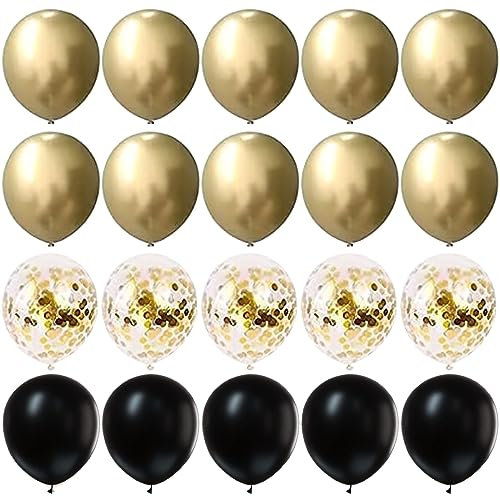 Yukiyi 20pcs 12 Inches Gold and Black Balloons Set, 10 x Metallic Balloons, 5 Confetti for Wedding Anniversary Baby Shower Birthday Party