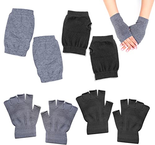 2 pares de guantes sin dedos, 2 pares de guantes con medio dedo, guantes cálidos cortos de color gris negro, extensiones de muñeca, adecuados para el invierno, la escuela, la oficina, escribir.
