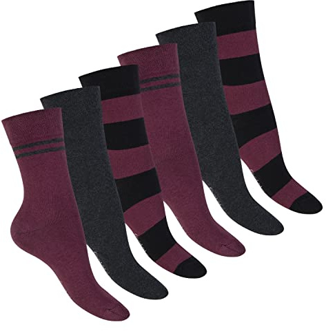 Footstar - 6 paia di calzini da donna e uomo a righe, con strisce, bordeaux, 39-42