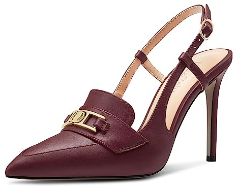 NobleOnly Donna Spillo Alto High Tacco Heel a Punta Slingback Fibbia Pumps Casual Ufficio Dress Scarpe 10 CM Heels Rosso Borgogna 38 EU