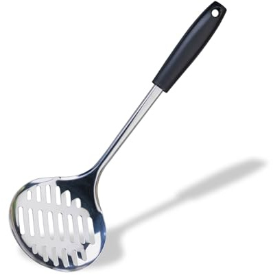 Fackelmann INITIAL Skimmer, Oil Skimmer & Strainer, Stainless Steel, Heat-Resistant Plastic Handle, Metal Colander Straining Spoon, Deep Fat Frying, Slotted Holes, 34.5cm