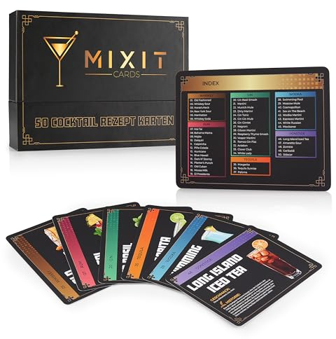 MIXIT Cocktail Rezept Karten Set | 50 Beliebte Deutsche Cocktails mit Illustrationen, Zutaten & Geschichten | Hochwertige und Langlebige Karten für Cocktailliebhaber