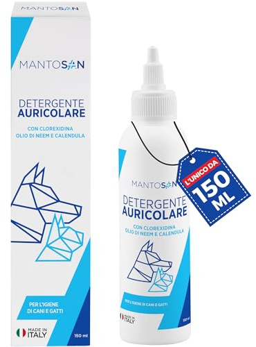 Mantosan Detergente Auricolare Cani Gatti 150ml Ceruminolitico con Clorexidina Olio di Neem Calendula per Pulizia Orecchie Condotto Uditivo Prurito Ammorbidisce Cerume Naturalmente Sgradito a Insetti