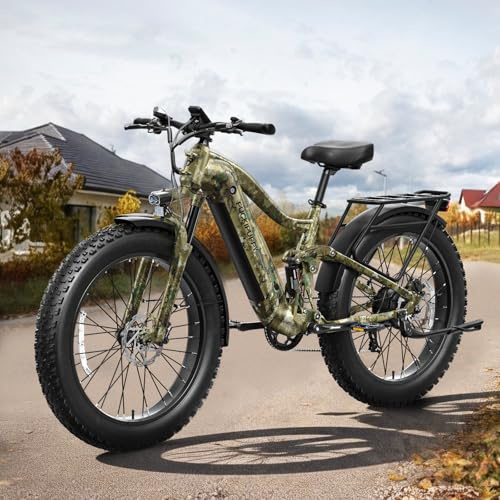PUCKIPUPPY Boxer Electric Bike for Adults 960W, 48V 20AH Battery Ebike, Full Suspension 26 Fat Tire E Bike, 28MPH 80Miles Range Mountain Electric Bicycle, 7 Speed Hydraulic Disc Brakes Camouflage