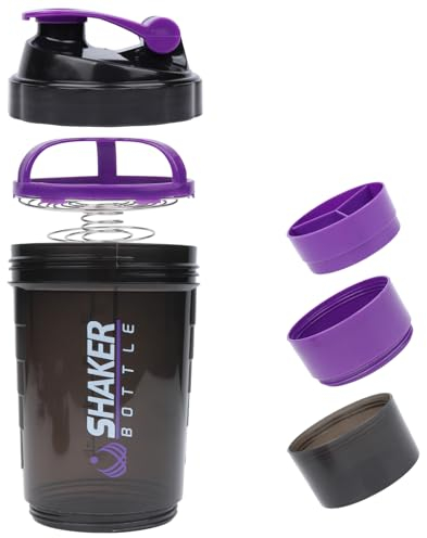 VIGIND Shaker Proteine 500ml con 3 Scomparti Integratori - Bottiglia Antigoccia per Palestra e Fitness, Realizzata in Plastica Senza BPA, Organizzazione Facile(Viola)