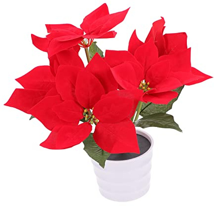 BESPORTBLE 1 Pc Luces Navideñas Flor Nochebuena Iluminada Luz La Maceta Navidad Nochebuena Con Purpurina Artificial Lámpara Jardín Flor En Maceta Rojo Escritorio Batería Integrada