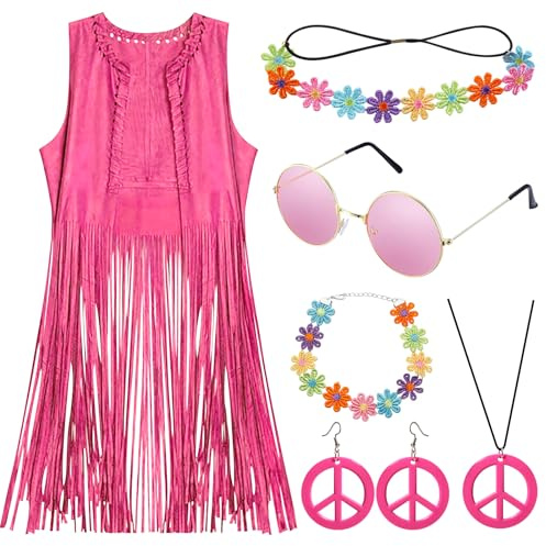 YADODO Hippie Kostüm Damen Weste Set Hippie Kleidung Damen zubehör Boho Bolero Vintage Rosa 60er 70er Bekleidung Damen 70er Outfit Disco Fransenweste Cowgirl Karneval Faschingskostüme für Frauen(XXL)