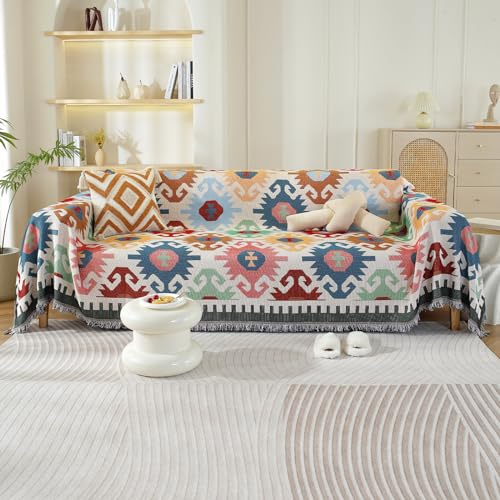 VanderHOME filt bomullsfilt, mjuk och tvättbar för soffor, sängbäddsoffor, fåtöljer, vardagsrum, multifunktionsfast 180 x 340 cm – lätt geometri