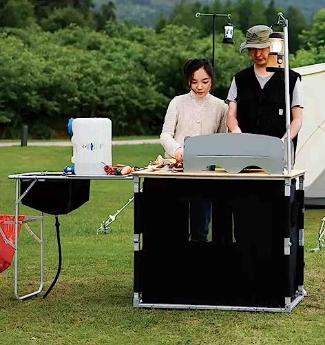 QUGURLID Outdoor Mobile Kitchen Camping Folding Table Field Portable Stove Car Self-Driving Travel Storage Cabinet with Side Aluminum Alloy Frame