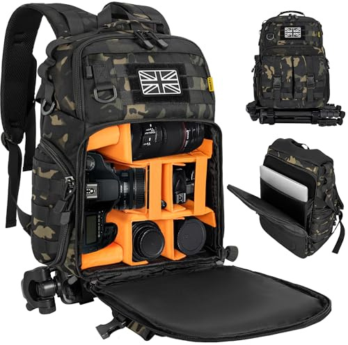 Camera Backpack with 15.6 Laptop Compartment – Waterproof Camera Bag, Durable DSLR/SLR Photography Bag Compatible with Canon, Nikon, DJI Drones | Removable Padded Insert | Tripod Holder Strap (Camo)