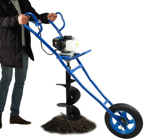 HPDTZ Tarière à essence - 52 cm³ - 1,46 kW - Pour horticulture, poteaux de clôture, plants d'arbres et projets de construction avec roue et refroidissement - Bleu