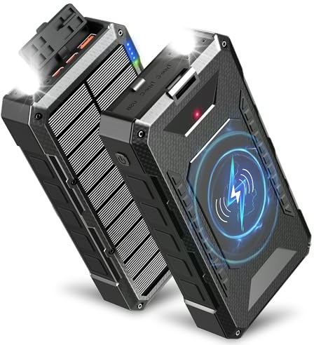 Batterie externe solaire 26800 mAh, chargeur sans fil 45 W PD, charge rapide avec 4 sorties, lampe de poche, étanche, chargeur solaire pour smartphones, camping et utilisation en extérieur (noir)
