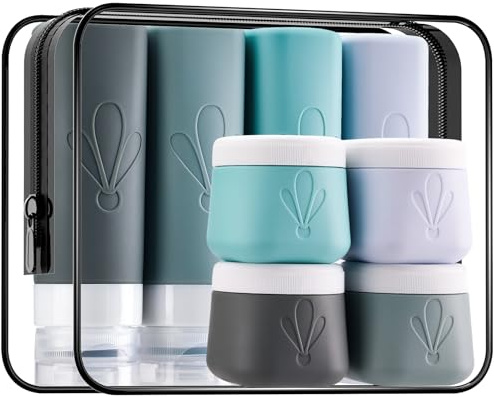 INSFIT Lot de 8 Bouteilles de Voyage en Silicone à Remplir, Bouteilles de Voyage Approuvées par la TSA pour Liquides de 90 ml et Crèmes de 60 ml, Set de Voyage Anti-Fuites avec Sac et Étiquettes