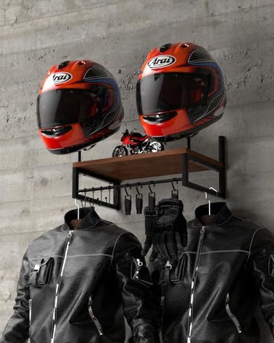 Vieshful Porte Casque Moto avec 1 Étagère en Bois et 2 Supports de Chapeau, Support Casque Mural pour Rangement Accessoires Moto avec 4 Pinces à Gants et 5 Crochets