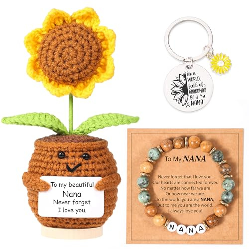 Lamyba Nana Gifts for Christmas or Birthday, Crochet Sunflower Decor with Message Card, Natural Stone Adjustable Nana Bracelet and Keychain Set, Mother’s Day Grandma Gifts for Nana Women