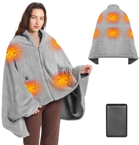 Moteoza Manta Eléctrica Sin Cables 160x90 cm con Batería 16000 mAh, 6 Zonas de Calor, 3 Niveles de Temperatura, Portátil Franela Chal Calefactable Termica para Hogar, Oficina, Coche y Camping(Gris)