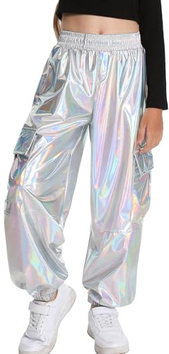 SEAUR Pantalon Cargo Métallique Brillant Fille Pantalon De Danse Jazz Hip Hop Disco Party Street Dancewear Ceinture Élastique 8-9 Ans