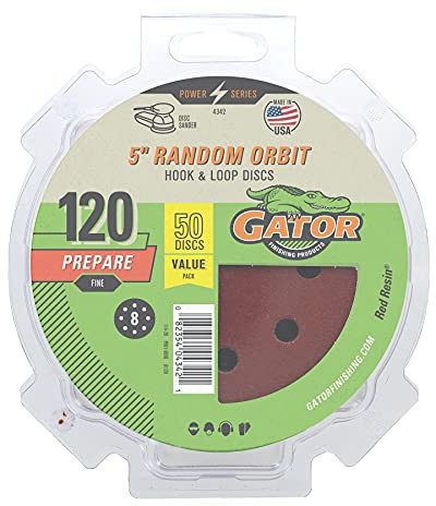 Gator 5 Random Orbit Hook & Loop Red Resin Aluminum Oxide Sanding Discs, 8-Hole, 120 Grit, 50 Pack
