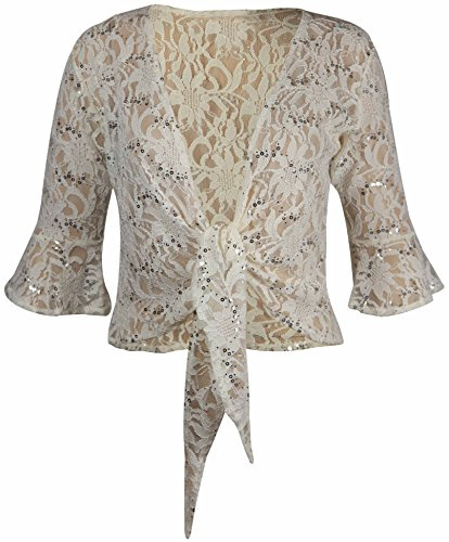 New Womens Floral Lace 3/4 Three Quarter Short Sleeve Ladies Front Tie Up Sequin Shrug Bolero Stretch Cropped Top Cardigan Plus Size Cream Size 12-14