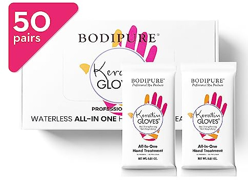 Bodipure All-In-1 Moisturizing Hand Mask, Keratin & Vitamin E Hand Mask for Dry Cracked Hands, Natural Moisturizing Gloves Formula, Strengthen Nails & Repair Hands 50 Pairs