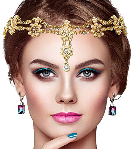 Gonioa Head Chain Jewelry Headband Crystal Bohemian Hair Accessories with Peal Women Head Chains Forehead Chain Rhinestone Headpieces with Drop Pendant