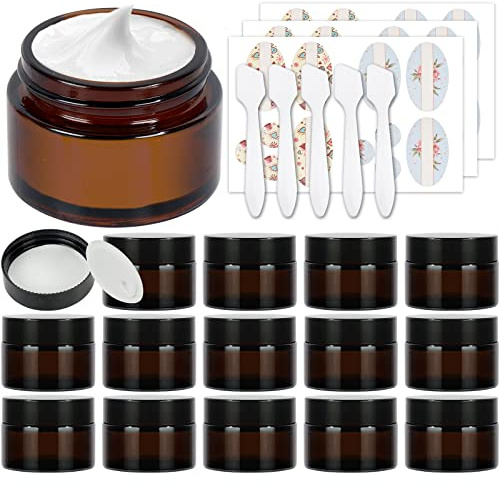 15 Pack 1 oz 30 ml Empty Amber Glass Jars | 30 ml Round Cosmetic Container Storage Jars with White Inner Liners and Black Lids for Face Cream Lotion