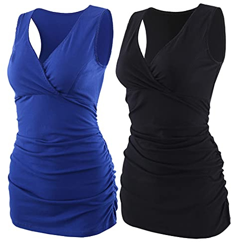 COLOMI maternità Allattamento Canotta Abbigliamento Premaman Top Sleep Reggiseno per L'Allattamento al Seno (Black+Blue/2Pack, L)
