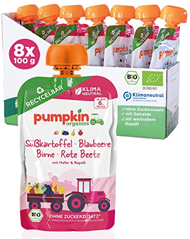 Bio Quetschie Süßkartoffel, Blaubeere, Birne, Rote Beete, Hafer & Rapsöl - Gemüsepüree, Fruchtmus und Getreide für Babys ab dem 6. Monat. Recycelbarer Quetschbeutel, 8er Pack (8x100g)