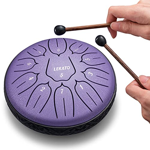 LEKATO Zungentrommel 6 Zoll, Tongue Drum mit 11 Tönen, D-Dur, Legierter Stahl, mit Stoffbeutel, Steel Pan Schlaginstrument für Anfänger, Handpan Drum für Klangheilung Meditation Yoga, Lila