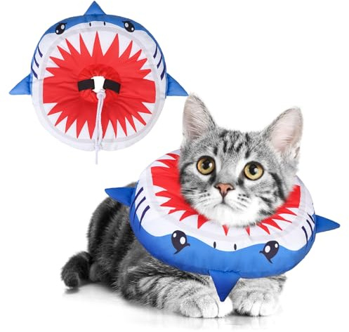 BEAUTYZOO Cat Cone Collars Soft, Cat Recovery E Collars After Surgery to Stop Licking, Adjustable Elizabeth Circle Collar Cute Pet Donut Pillow for Cats Kitten Small Dogs, Cute Shark S