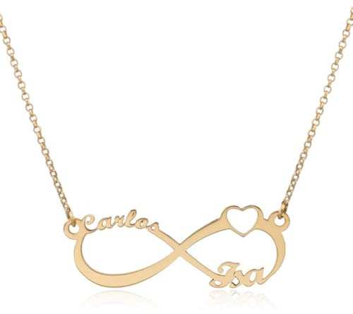 Collar Infinito Personalizado en Plata de Ley 925 para Mujer con Nombres Cadena de 40 cm + Alargador. Regalo para madres, abuelas en Cumpleaños, Navidad. Hecho en España (Infinito Corazón Oro)