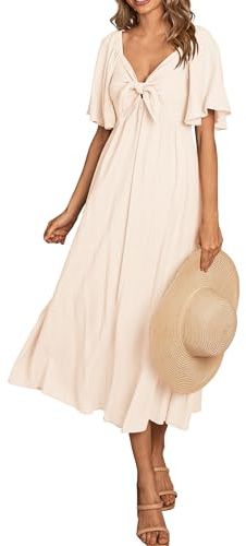 PRETTYGARDEN Summer Dress for Women 2025 Casual Short Sleeve Bow Tie V Neck Ruffle Midi Flowy Dresses (Beige,Medium)