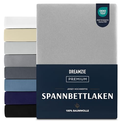 Dreamzie Premium Spannbettlaken 180x200 cm, Spannbetttuch für Dicke Matratzen bis zu 27 cm, Bettlaken 100% Jersey Baumwolle, 150 g/m², Oeko-TEX Zertifiziert - Grau