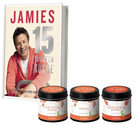 Rimoco Gewürze Geschenkset aus 3 Bio Gewürzen + Jamie Oliver Kochbuch 15 MINUTEN KÜCHE - Gewürz Set bestehend aus Bio 5 Gewürz Pulver 50g, Bio Harissa Gewürz 55g und Bio geräuchtes Paprikapulver 70g