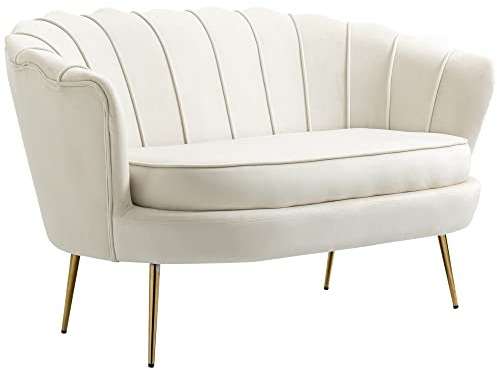 HOMCOM Sofa 2 Sitzer Couch mit Armlehne blütenblattförmiger Rückenlehne Dick Gepolstert Polstersofa Modern Doppelsofa mit Samtoptik, Metallbeine für Wohnzimmer, 130 x 77 x 77 cm, Cremeweiß