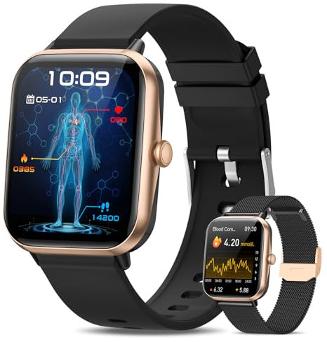 BANLVS 𝐁𝐥𝐮𝐭𝐳𝐮𝐜𝐤𝐞𝐫-Smartwatch Herren Damen 𝐁𝐥𝐮𝐭𝐳𝐮𝐜𝐤𝐞𝐫𝐦𝐞𝐬𝐬𝐮𝐧𝐠 mit Telefonfunktion,1.83HD Smartwatch mit Herzfrequenz SpO2 IP68 Fitness Tracker für iOS Android Schwarzes Gold