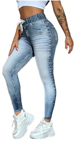 Gellmall Denim Look Leggings for Women High Waist Jeggings Elastic Jeans Women Long Skinny Trousers Treggings Yoga Trousers Fitness Trousers S-2XL, blue, L