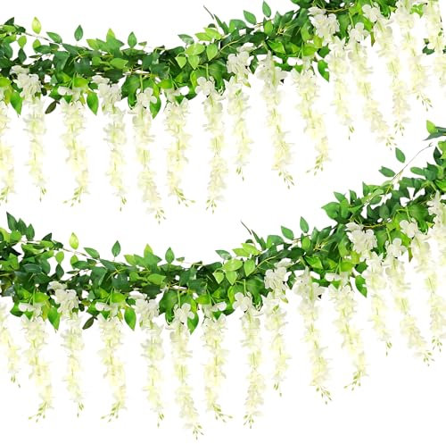 SKJAXF 2 Pack 2.5m White Wisteria Artificial Flowers, Fake Wisteria Plant Garland for Wedding Garden Decoration, Artificial Flowers for Decoration, Flower Garland for Wall Door Swing Mirror Fence