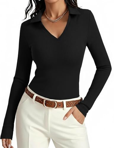Aottori Maglia Donna Manica Lunga Poloshirt Scollo a V Slim Fit | Maglietta, Aderente, Basic Top, Costine, Elegante, Elasticizzato, Tinta Unita Casual, Business