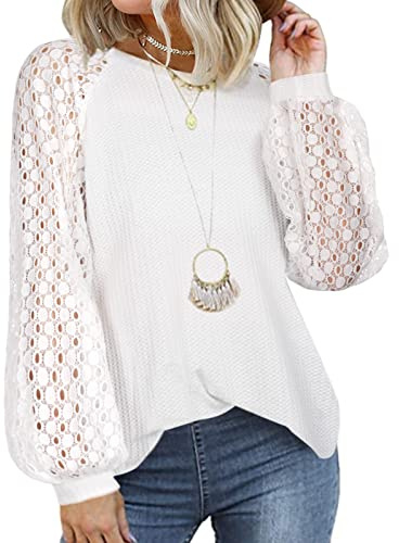 Tuopuda Chemisiers Blouse Femme Manches Longues en Dentelle Chemise Col Rond Chic Élégante Casual Shirts Pullover Tops Hauts(Blanc,XL)
